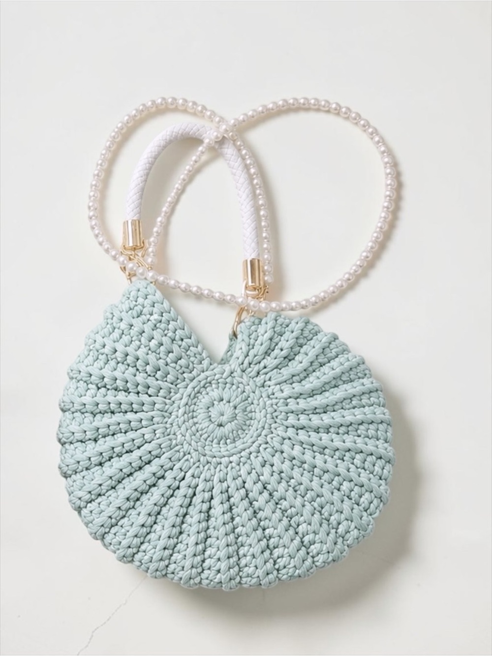 The Capri Shell Crochet Bag in Mint green/blue with Pearl crossbody Strap